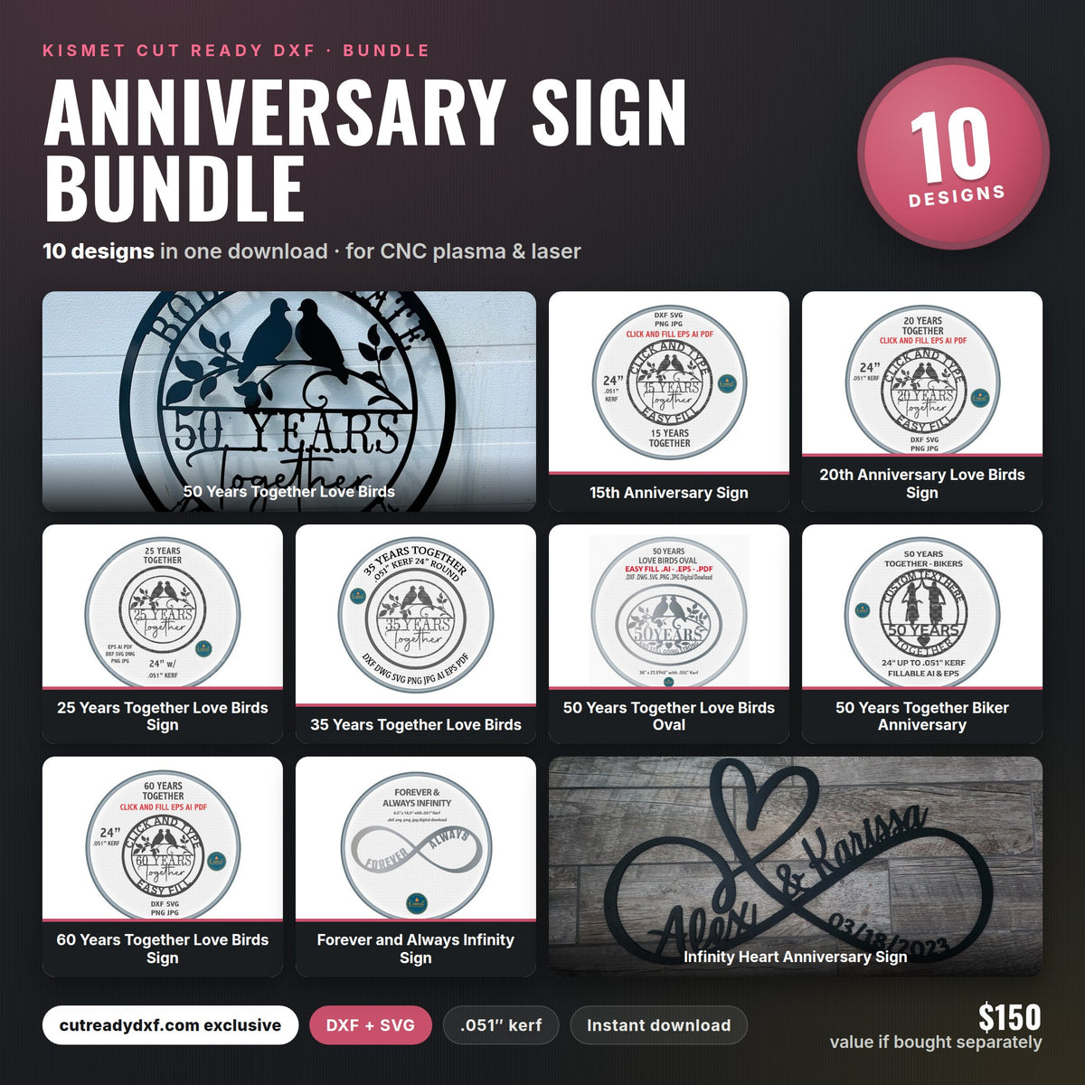 Anniversary Sign Bundle DXF/SVG design preview with file details