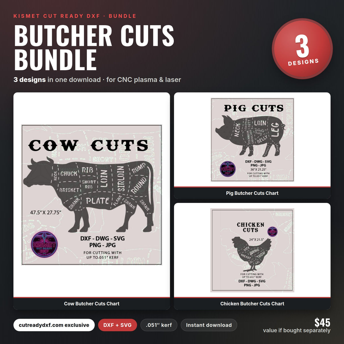 Butcher Cuts Bundle DXF/SVG design preview with file details