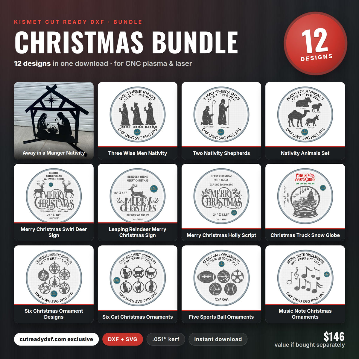 Christmas Bundle DXF/SVG design preview with file details