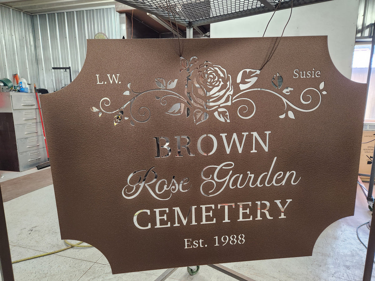 Rose Garden Cemetery Sign finished metal example
