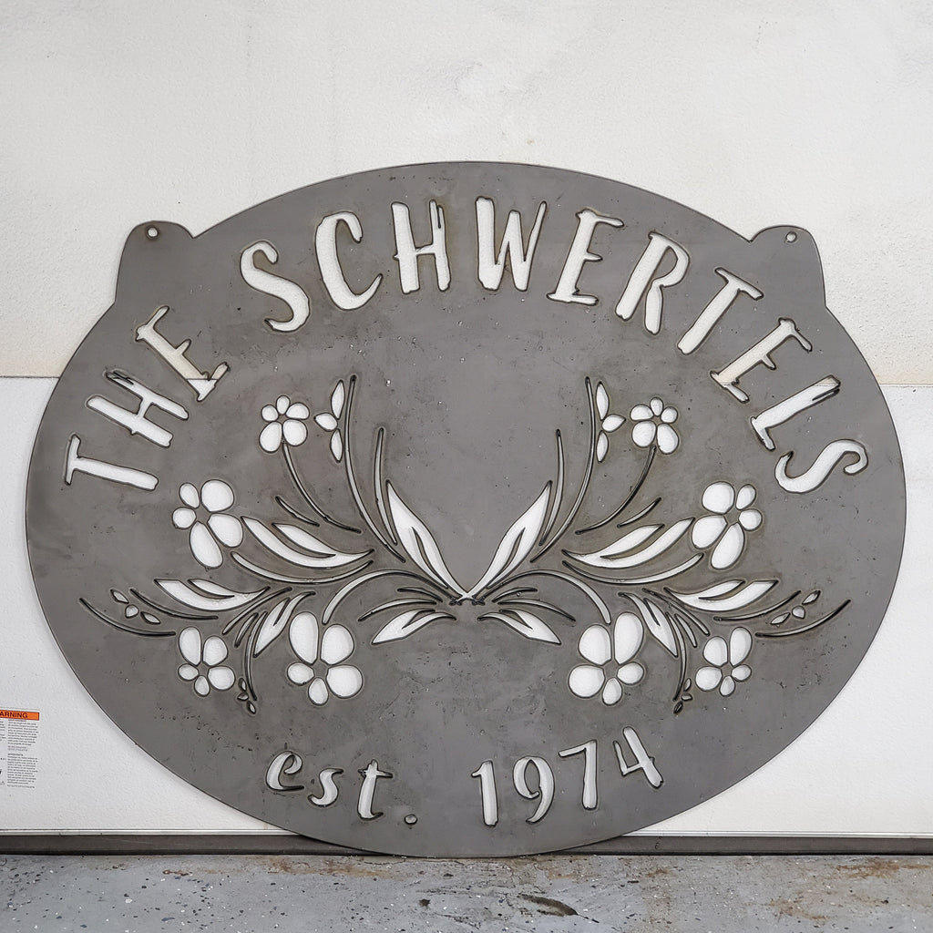Fillable Floral Family Name Sign finished metal example