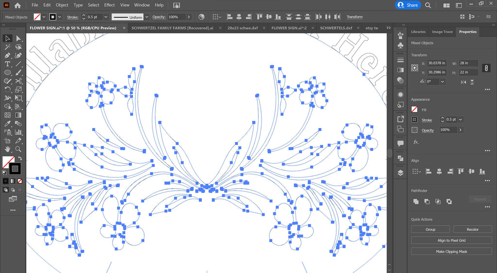 Fillable Floral Family Name Sign vector paths in design software