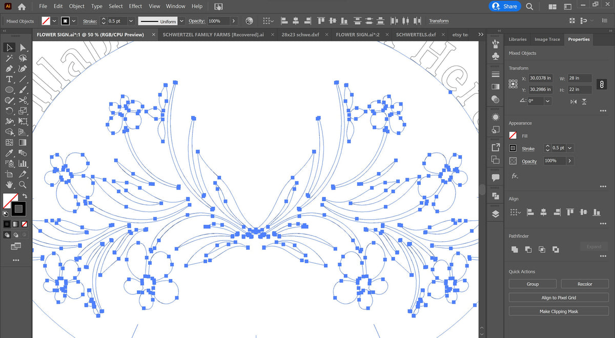 Fillable Floral Family Name Sign vector paths in design software
