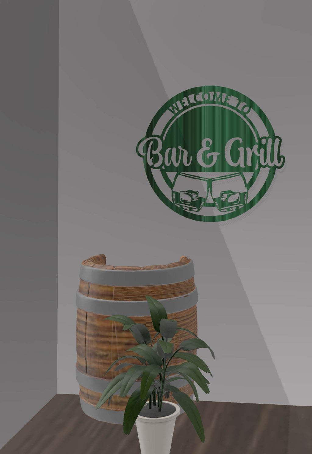 Welcome Bar & Grill Round Sign wall display mockup (photo 8)