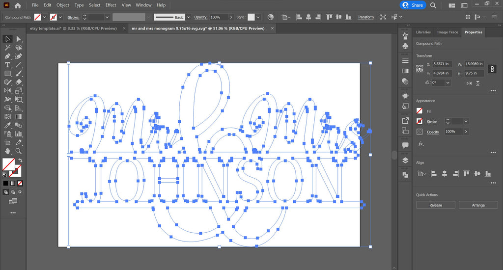 Mr and Mrs Wedding Name Monogram vector paths in design software