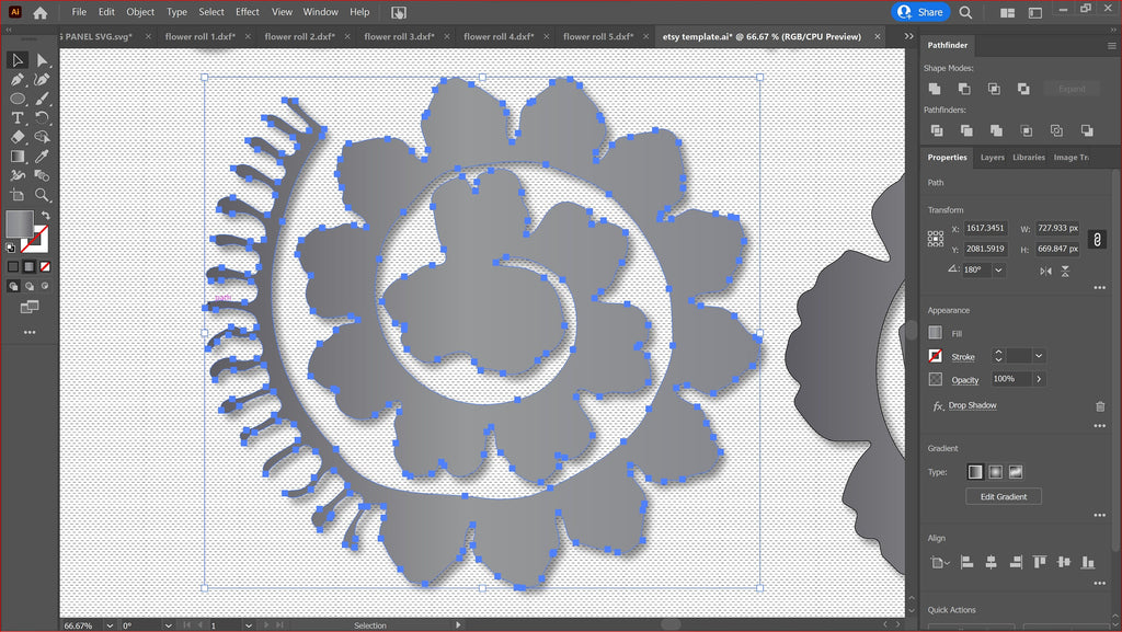 Five Rolled Metal Flowers vector paths in design software