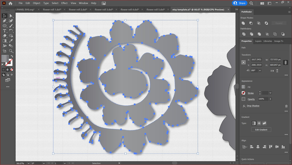 Five Rolled Metal Flowers vector paths in design software