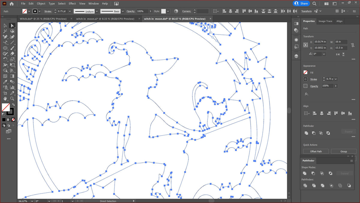 Flying Witch on Broom vector paths in design software