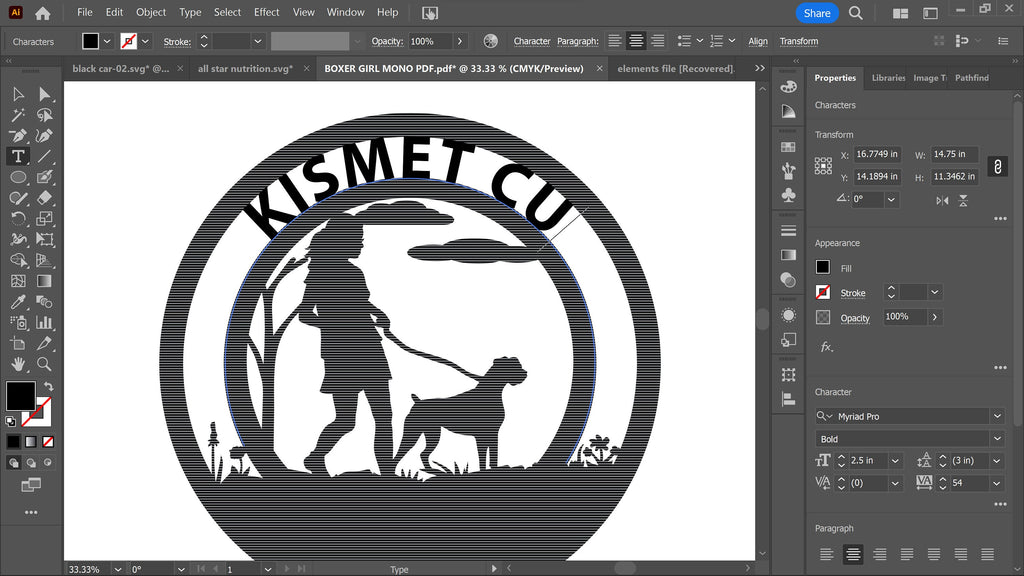 Boxer Girl Dog Monogram vector paths in design software