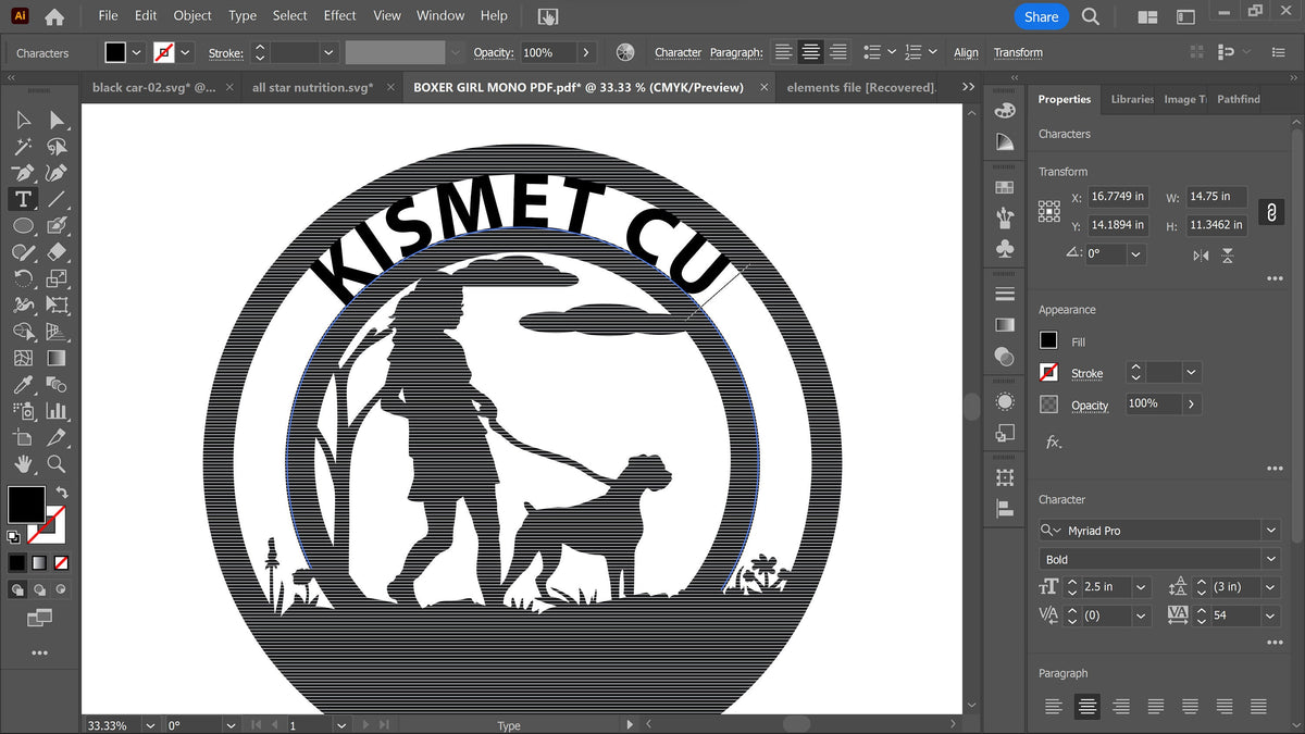Boxer Girl Dog Monogram vector paths in design software