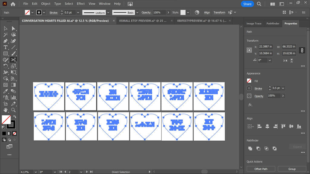 12 Candy Conversation Hearts Set vector paths in design software