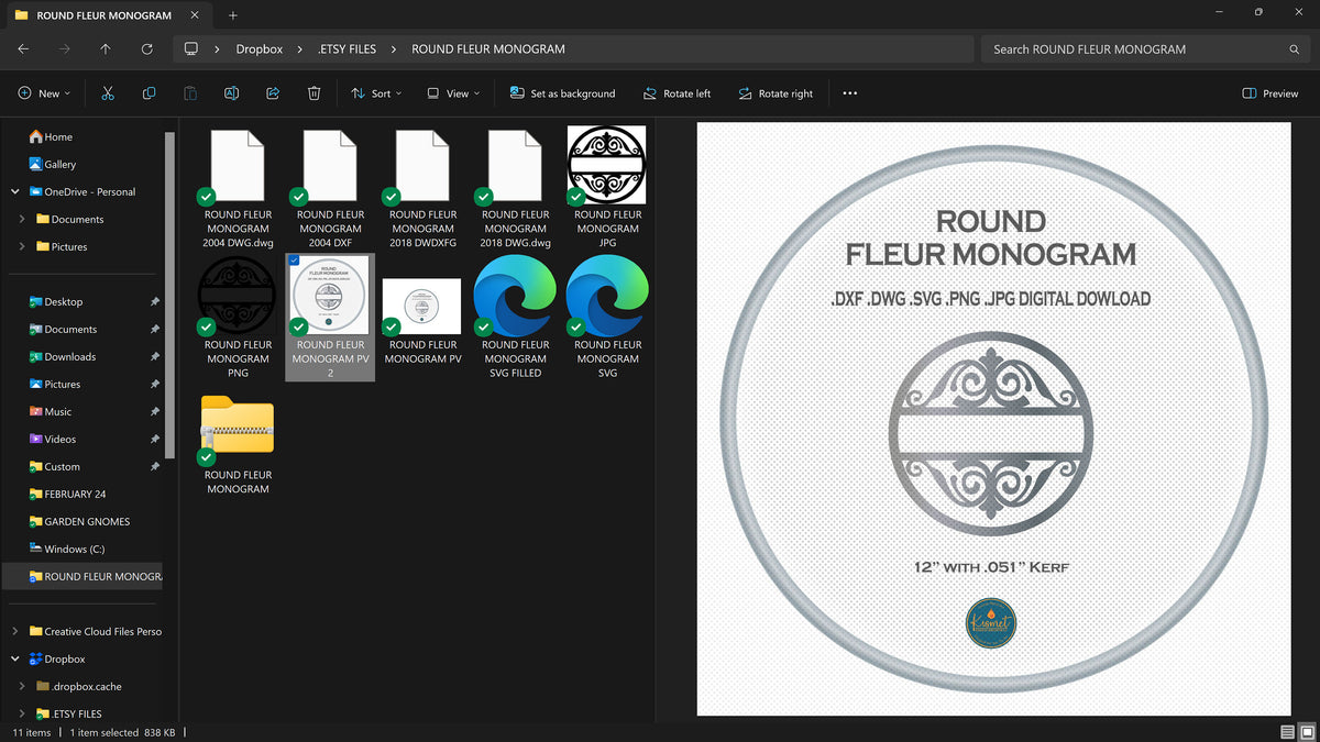 Round Fleur Scroll Monogram vector paths in design software