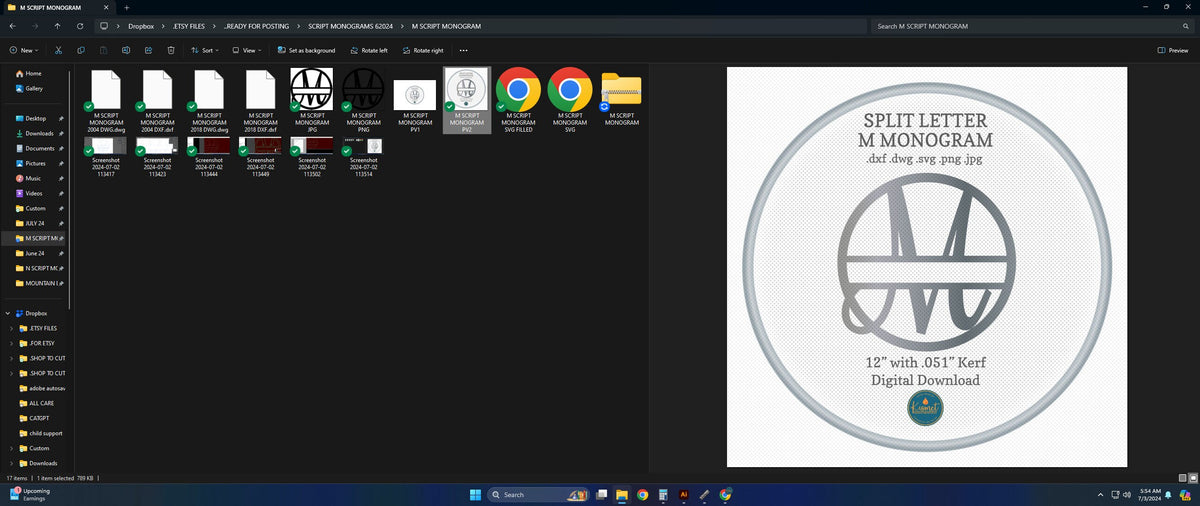 Split Letter M Script Monogram vector paths in design software