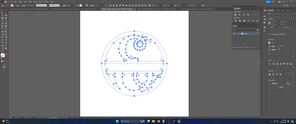 Split Letter E Script Monogram vector paths in design software