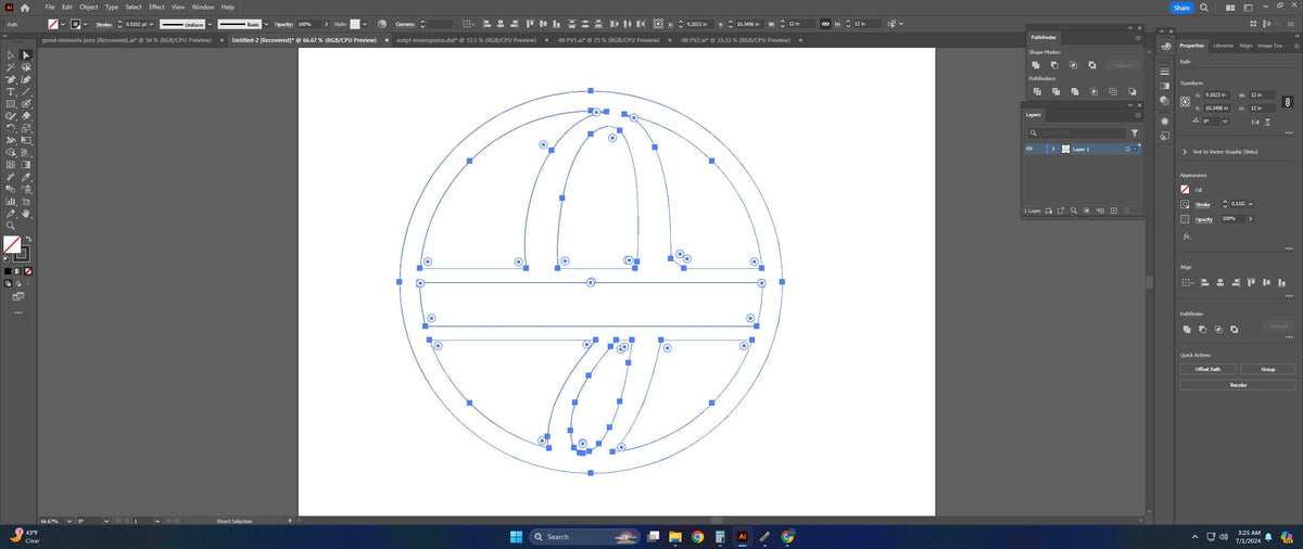 Split Letter J Script Monogram vector paths in design software (photo 5)