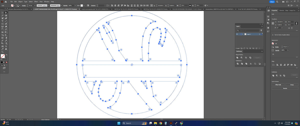Split Letter N Script Monogram vector paths in design software (photo 4)