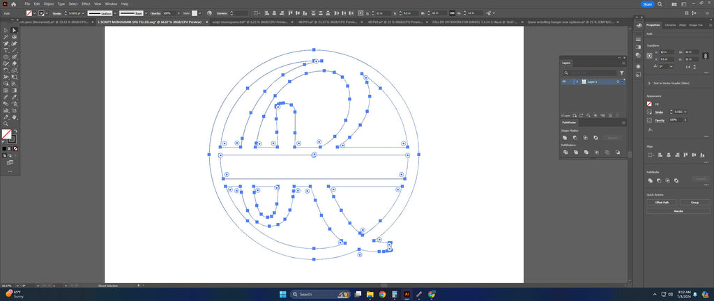 Split Letter R Script Monogram vector paths in design software (photo 4)