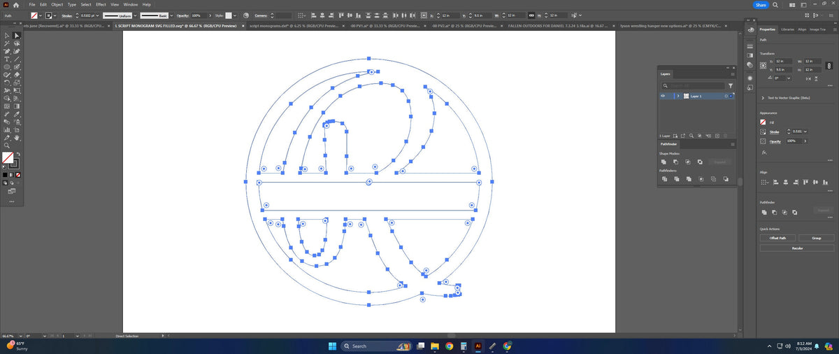 Split Letter R Script Monogram vector paths in design software (photo 4)
