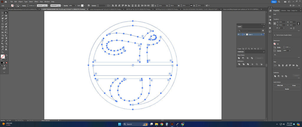 Split Letter T Script Monogram vector paths in design software