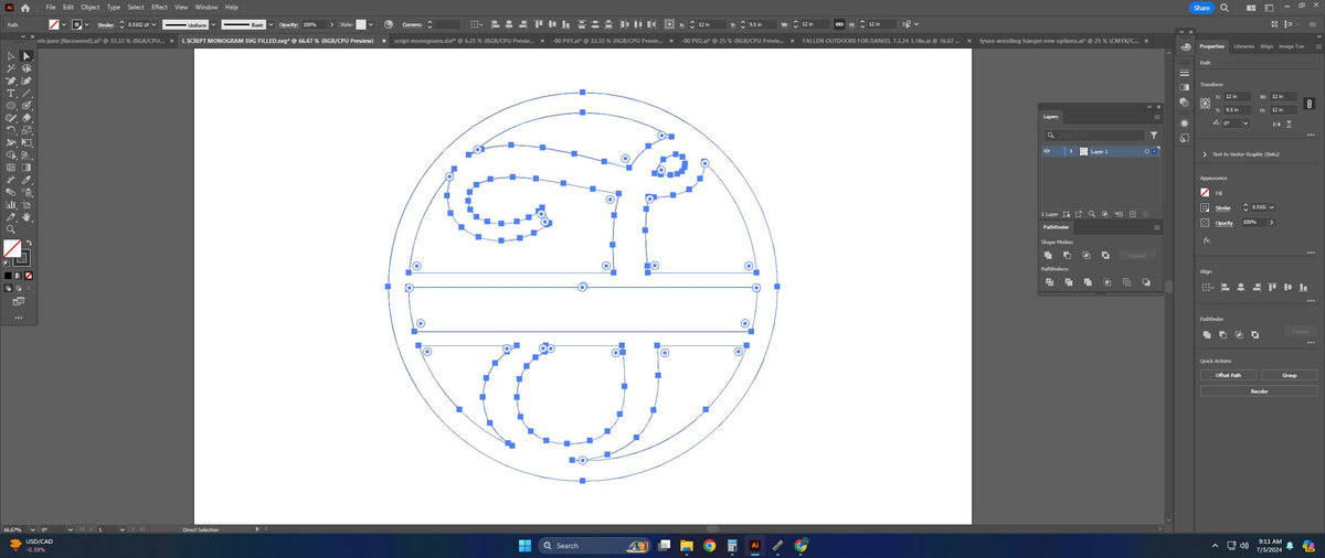 Split Letter T Script Monogram vector paths in design software
