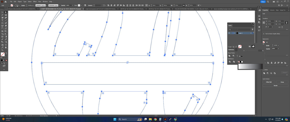 Split Letter U Script Monogram vector paths in design software (photo 4)