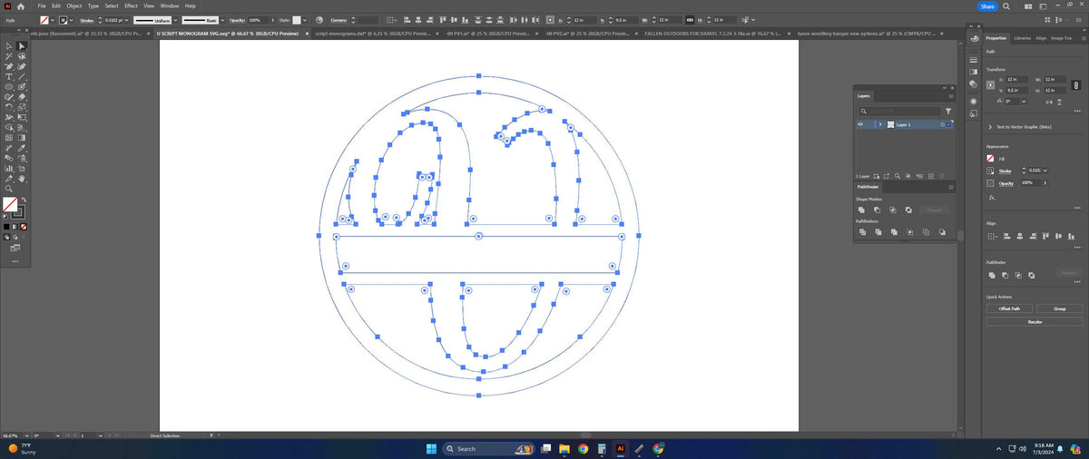 Split Letter V Script Monogram vector paths in design software