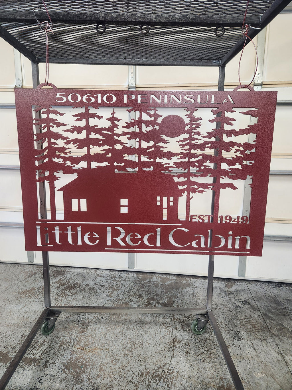 Cabin in the Woods Sign finished metal example