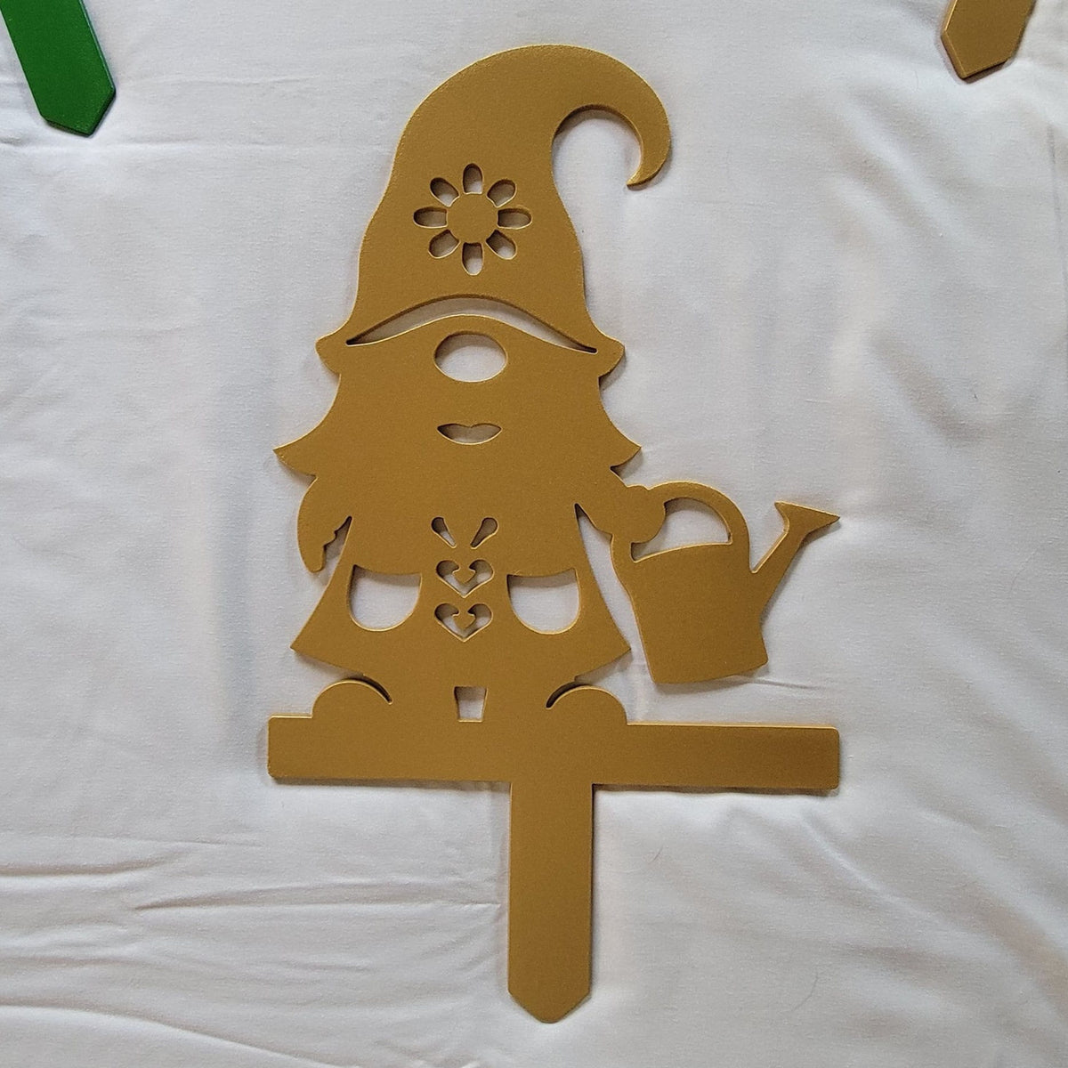 Apron Gnome Watering Can Garden Stake finished metal example