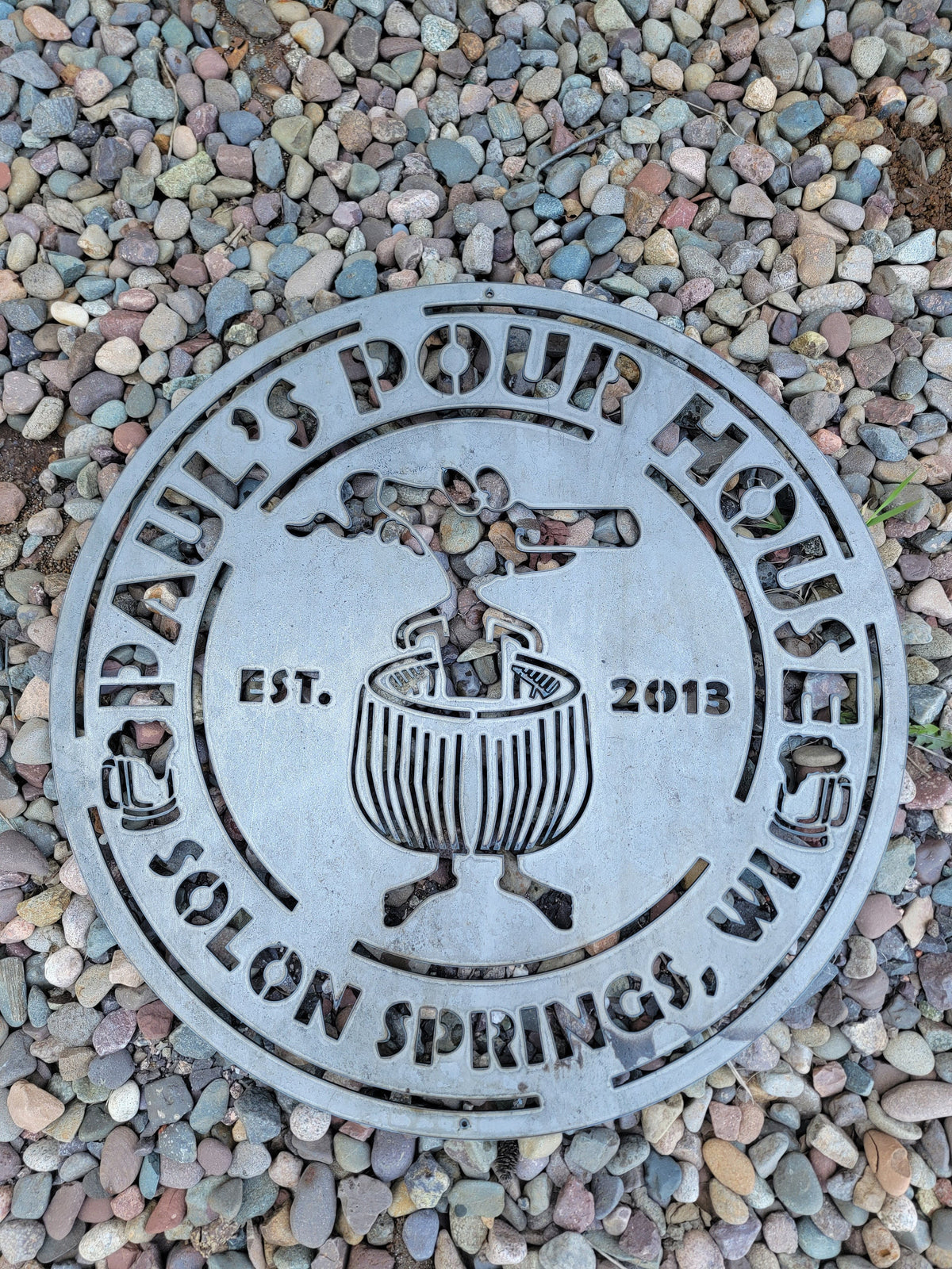 Barrel Man Round Bar Sign finished metal example