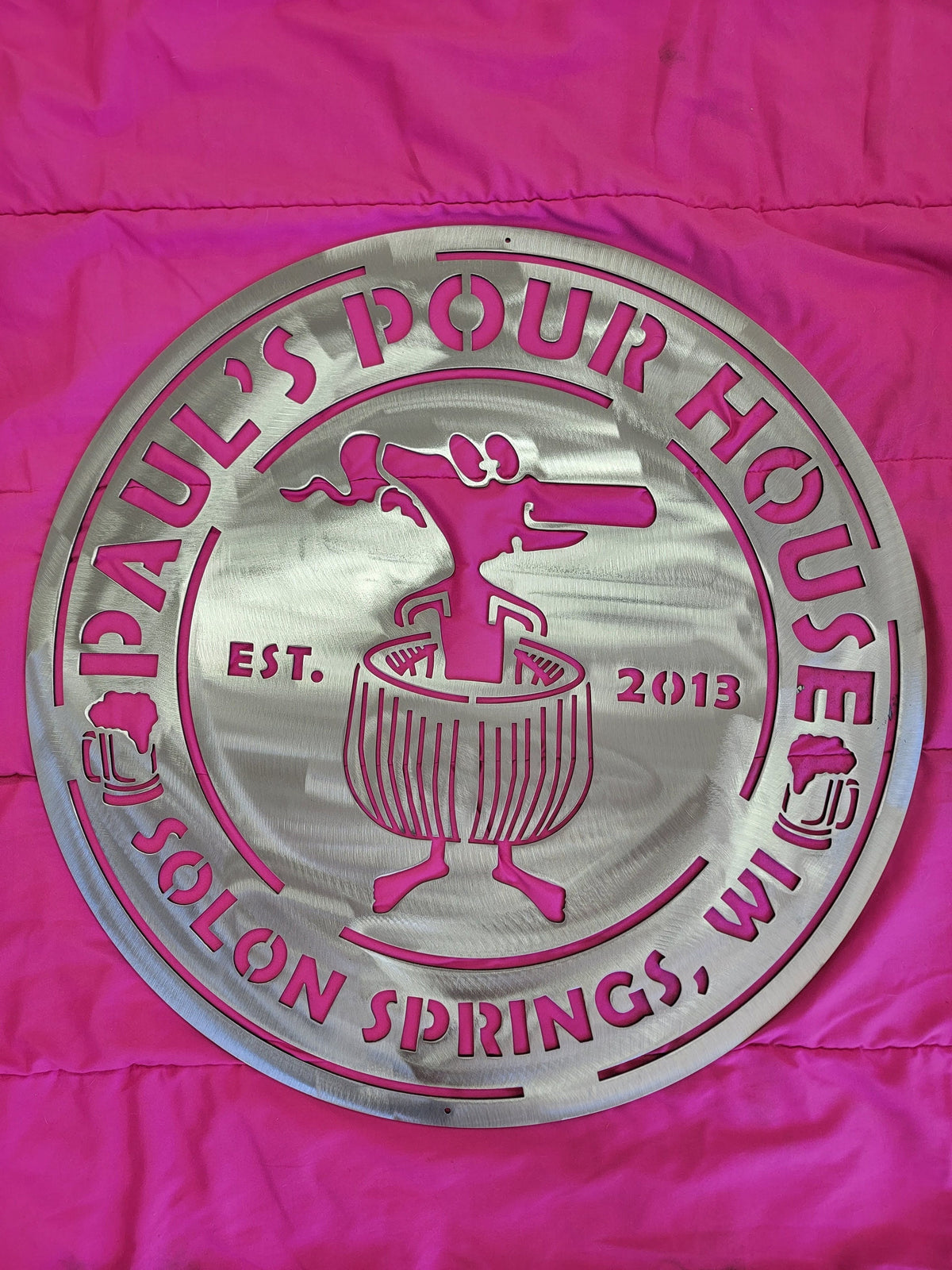 Barrel Man Round Bar Sign finished metal example (photo 2)