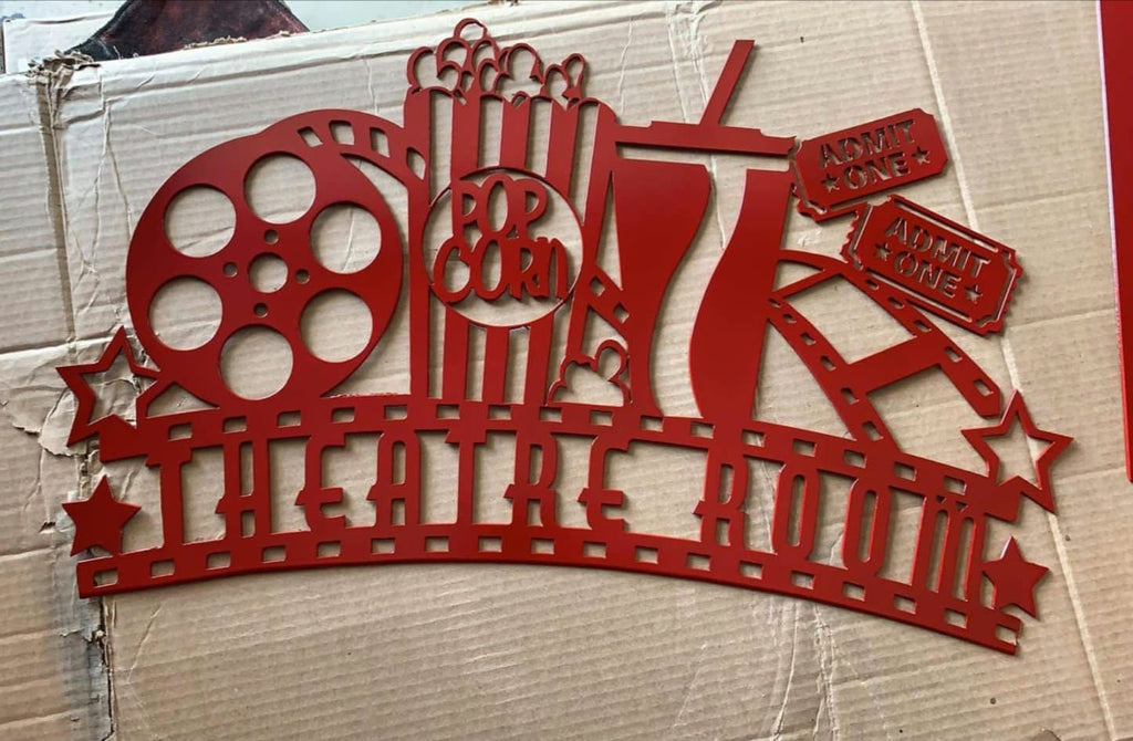 Theatre Room Sign, THEATRE Spelling finished metal example