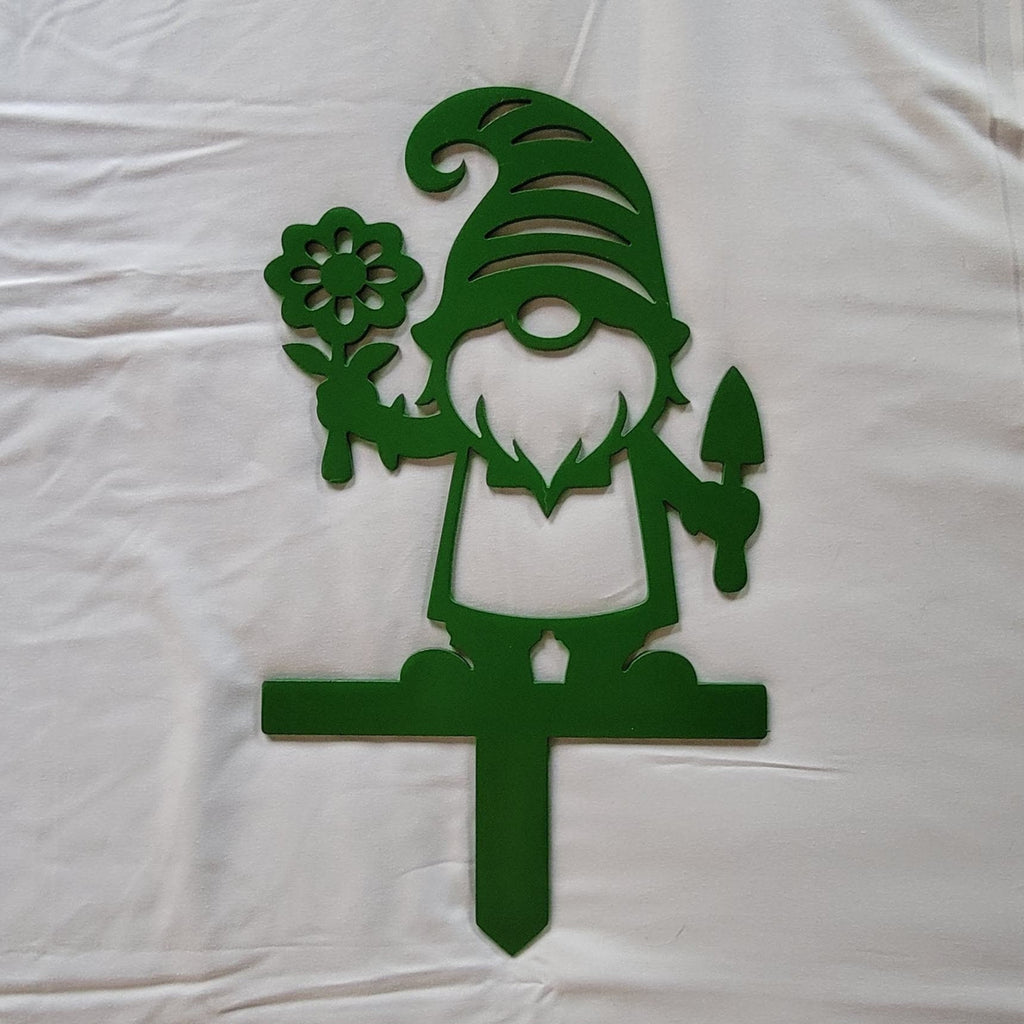 Gnome with Flower and Trowel Garden Stake finished metal example