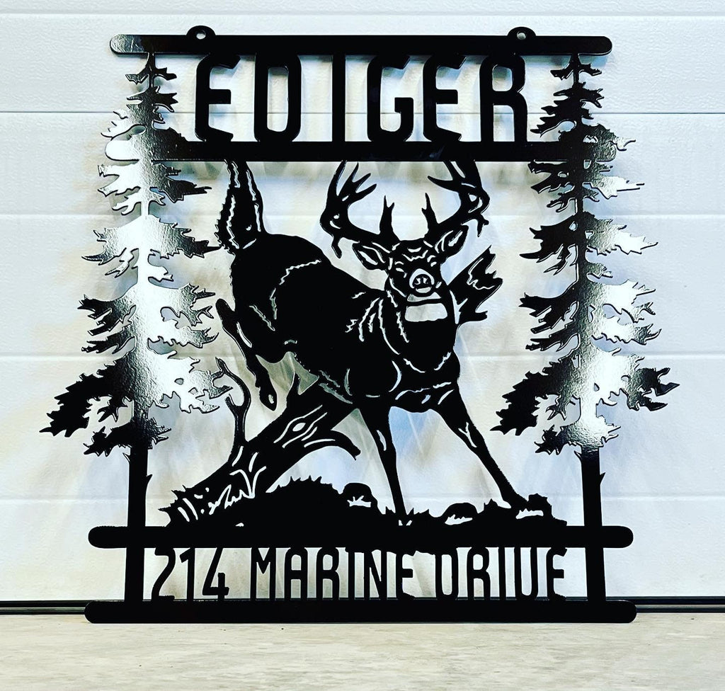 Jumping Buck Pine Forest Sign finished metal example