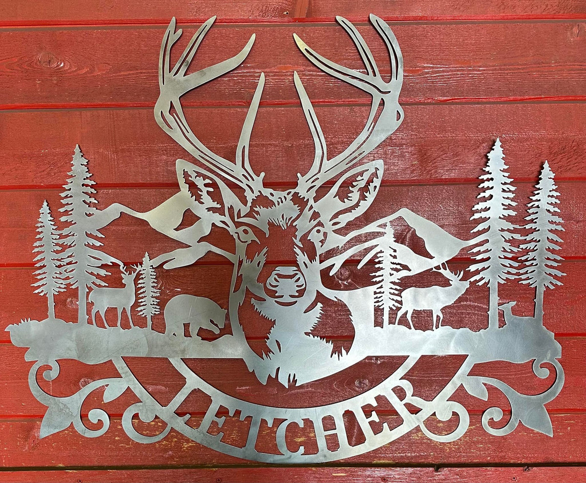 Rustic Deer and Bear Cabin Sign finished metal example