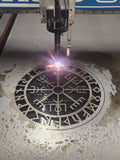 CNC plasma cutting the Vegvisir Compass Rune Sign design