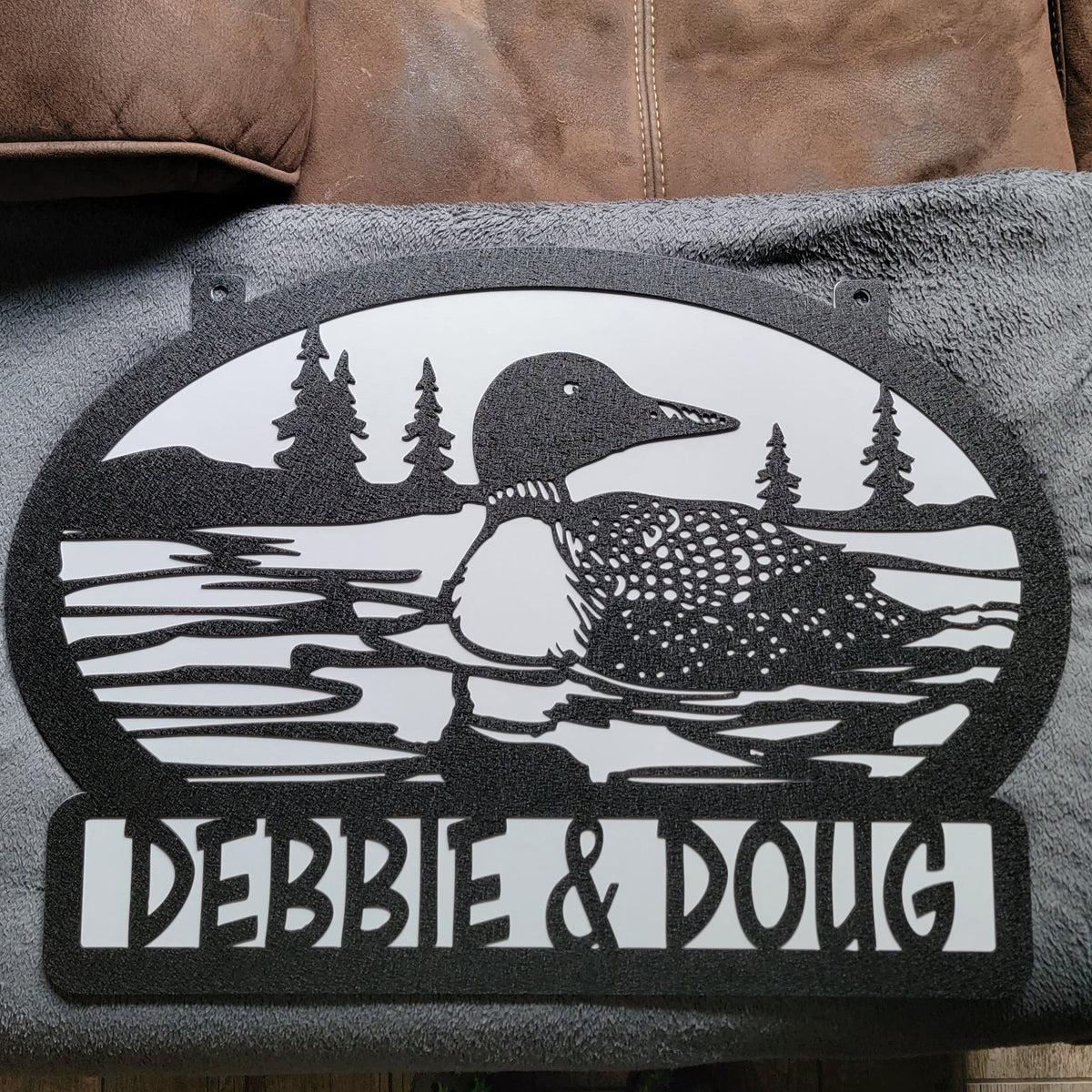 Custom Loon Lake Sign finished metal example
