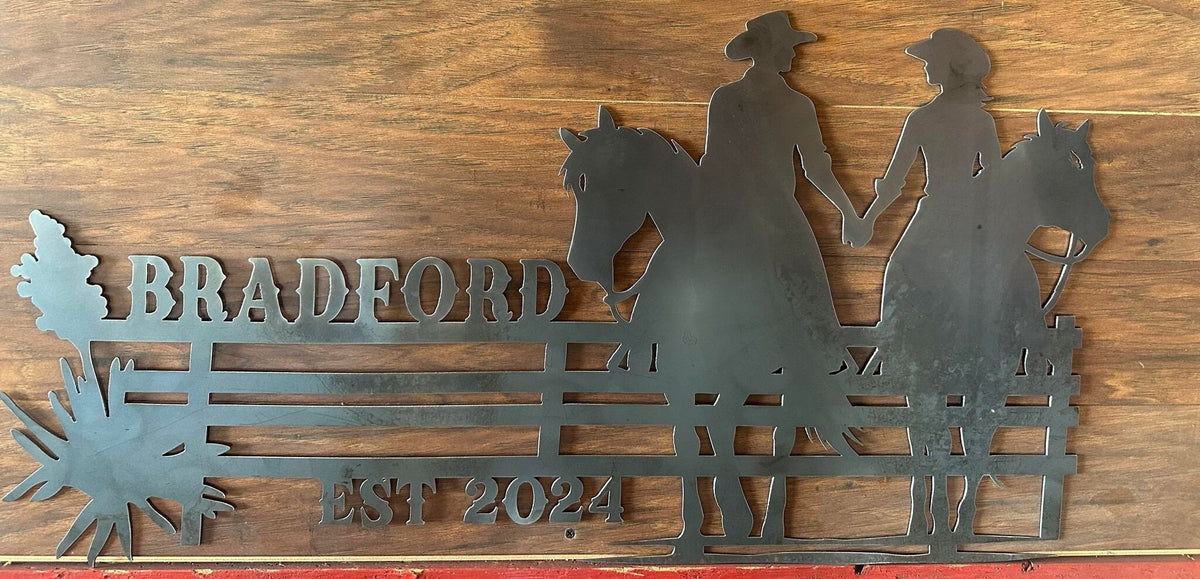 Cowboy Cowgirl Rail Fence Sign finished metal example