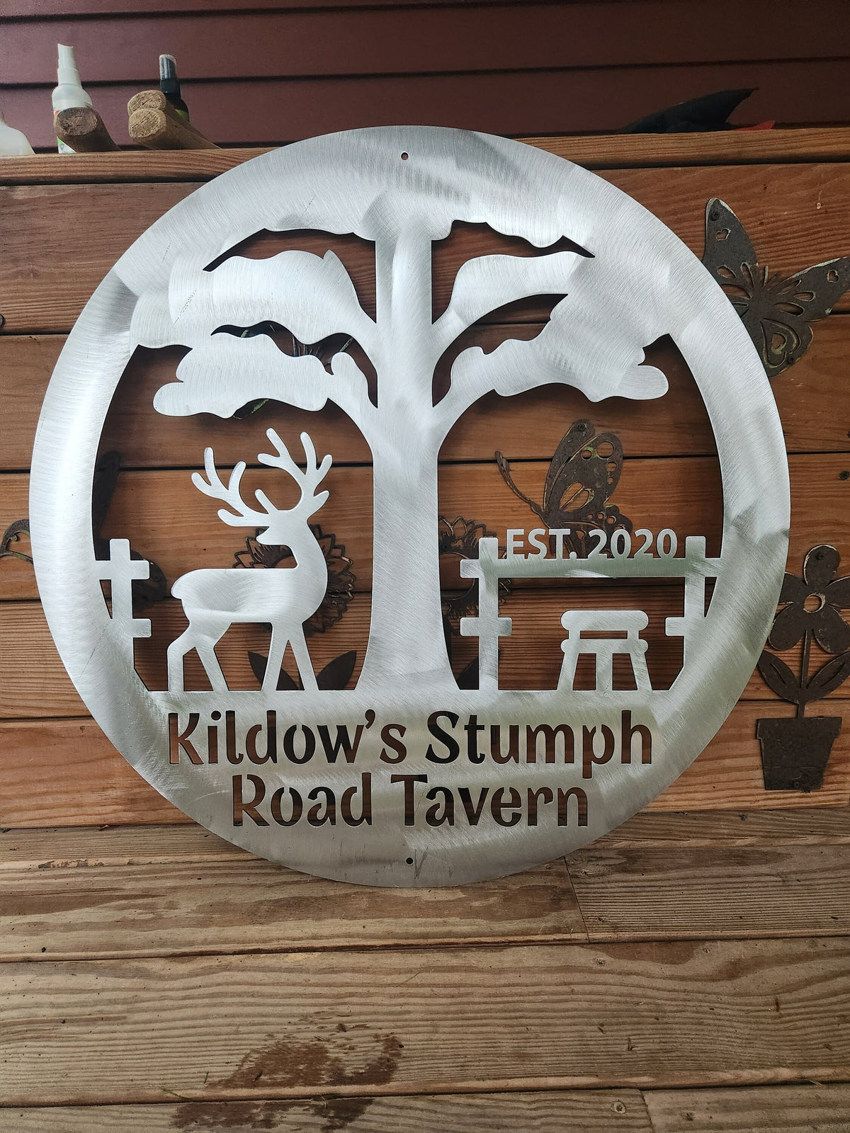 Personalized Deer Tavern Round Bar Sign finished metal example (photo 3)