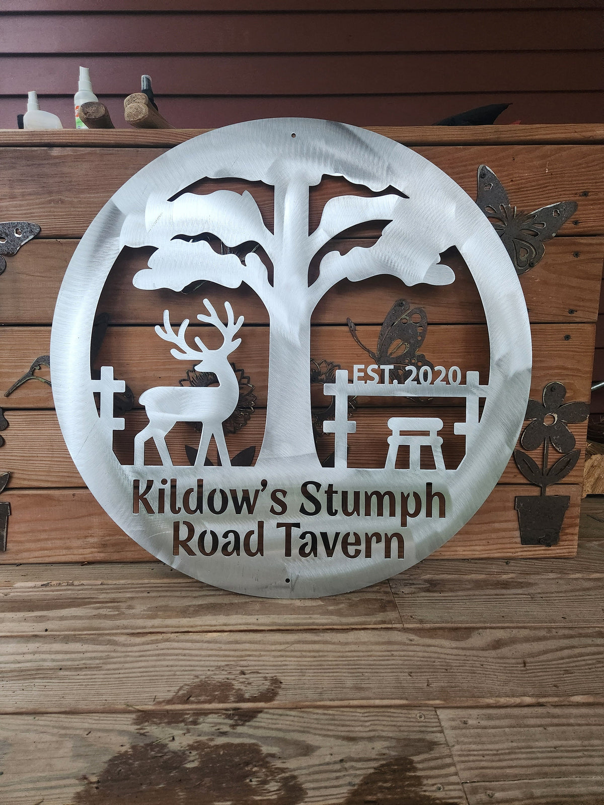 Personalized Deer Tavern Round Bar Sign finished metal example