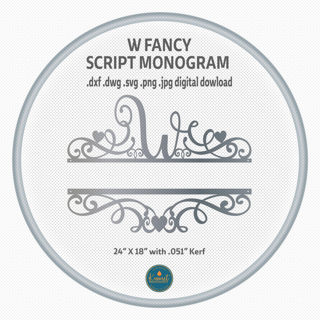 W Scroll Heart Monogram DXF/SVG design preview with file details