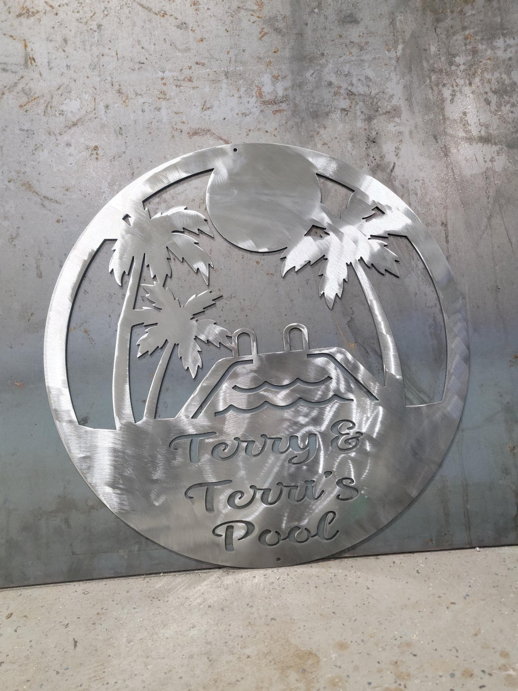 Palm Tree Pool Sign finished metal example