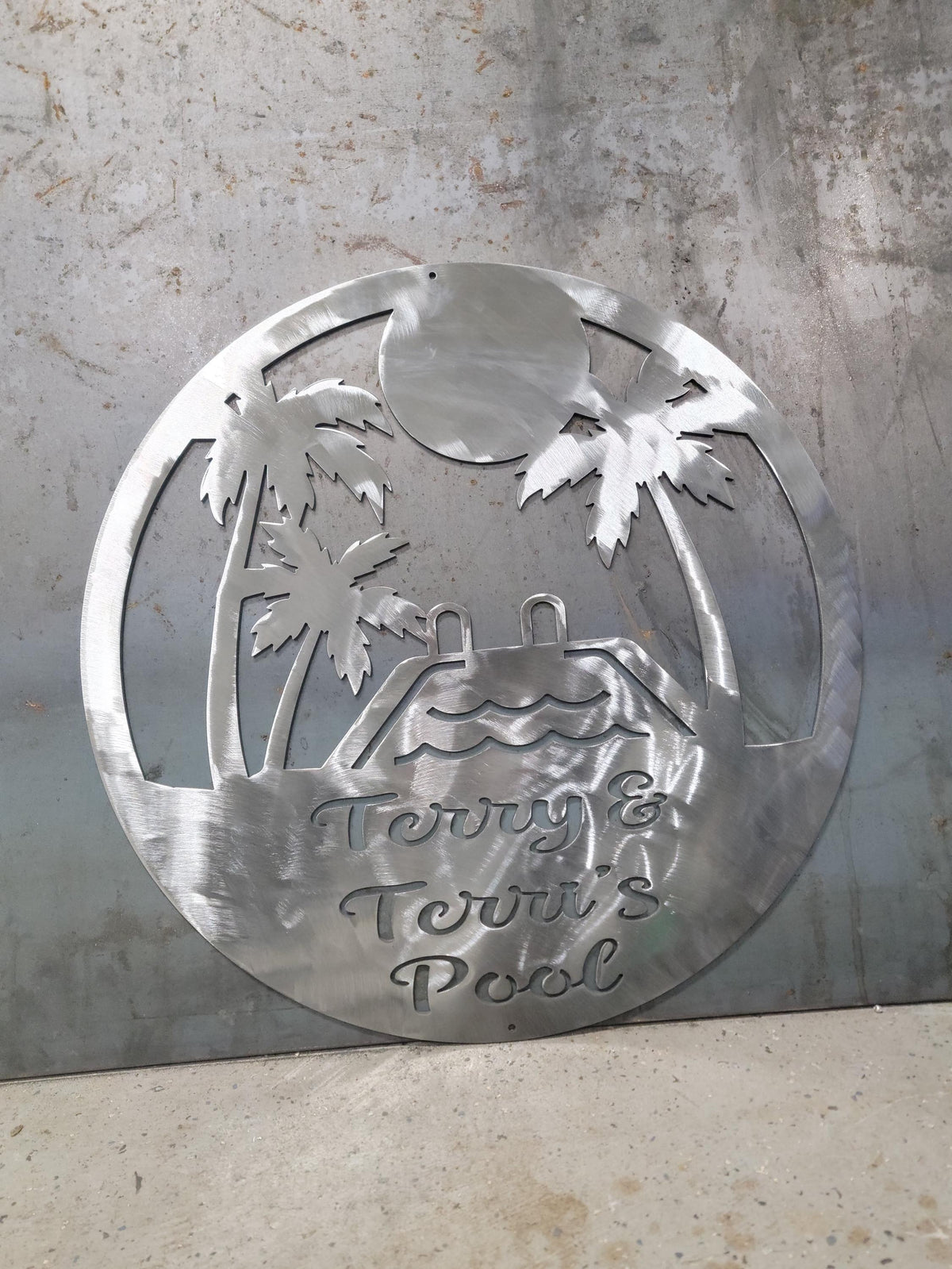Palm Tree Pool Sign finished metal example