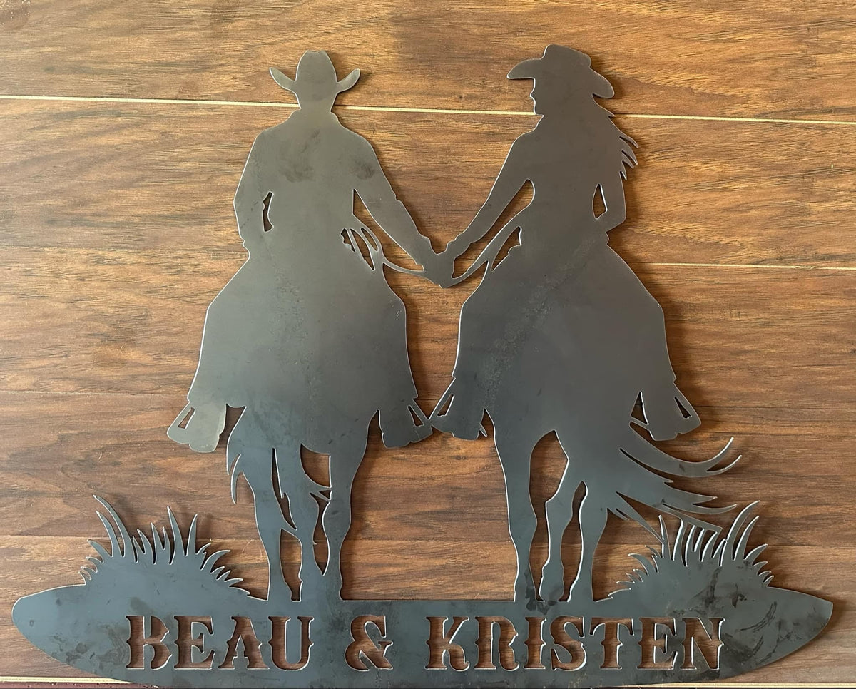 Cowboy Cowgirl Holding Hands Name Sign finished metal example