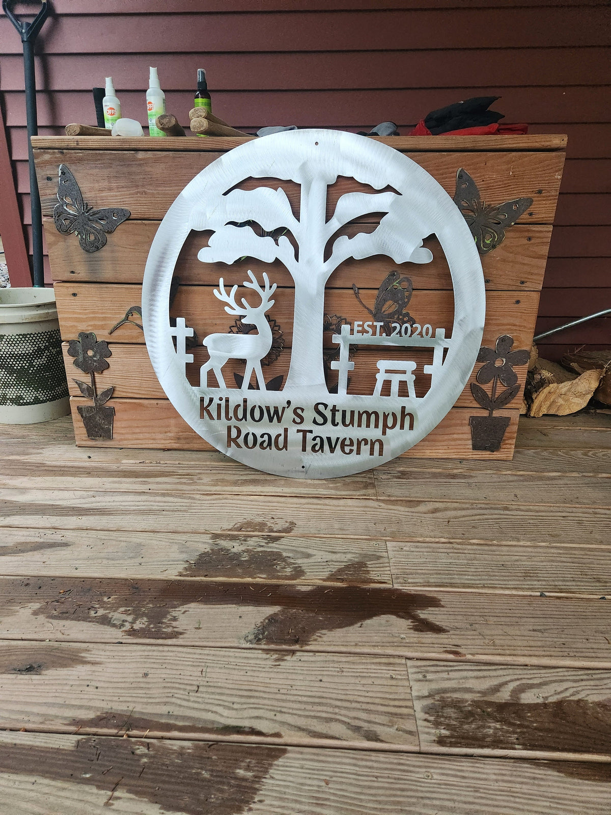 Personalized Deer Tavern Round Bar Sign finished metal example (photo 6)