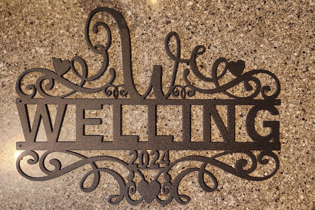 W Scroll Heart Monogram finished metal example