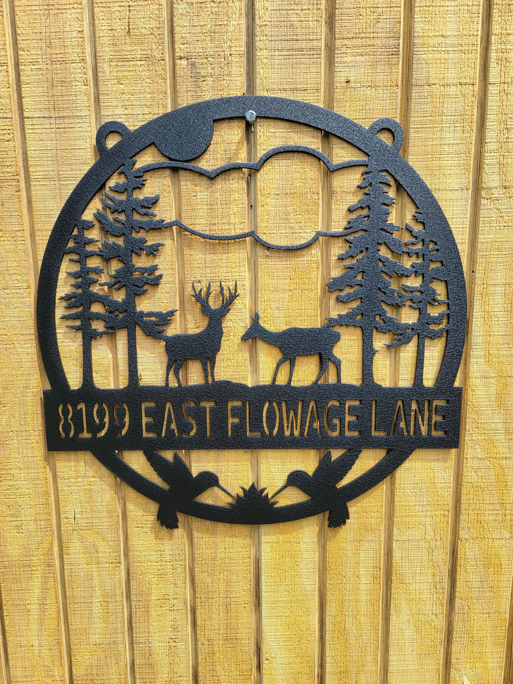 Deer and Hummingbird Sign finished metal example