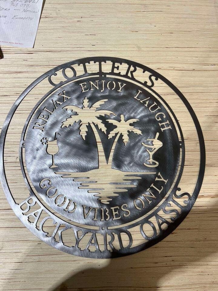 Beach Bar Palm Tree Good Vibes Sign finished metal example