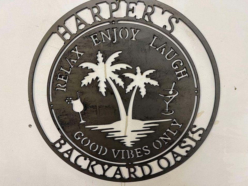 Beach Bar Palm Tree Good Vibes Sign finished metal example (photo 2)