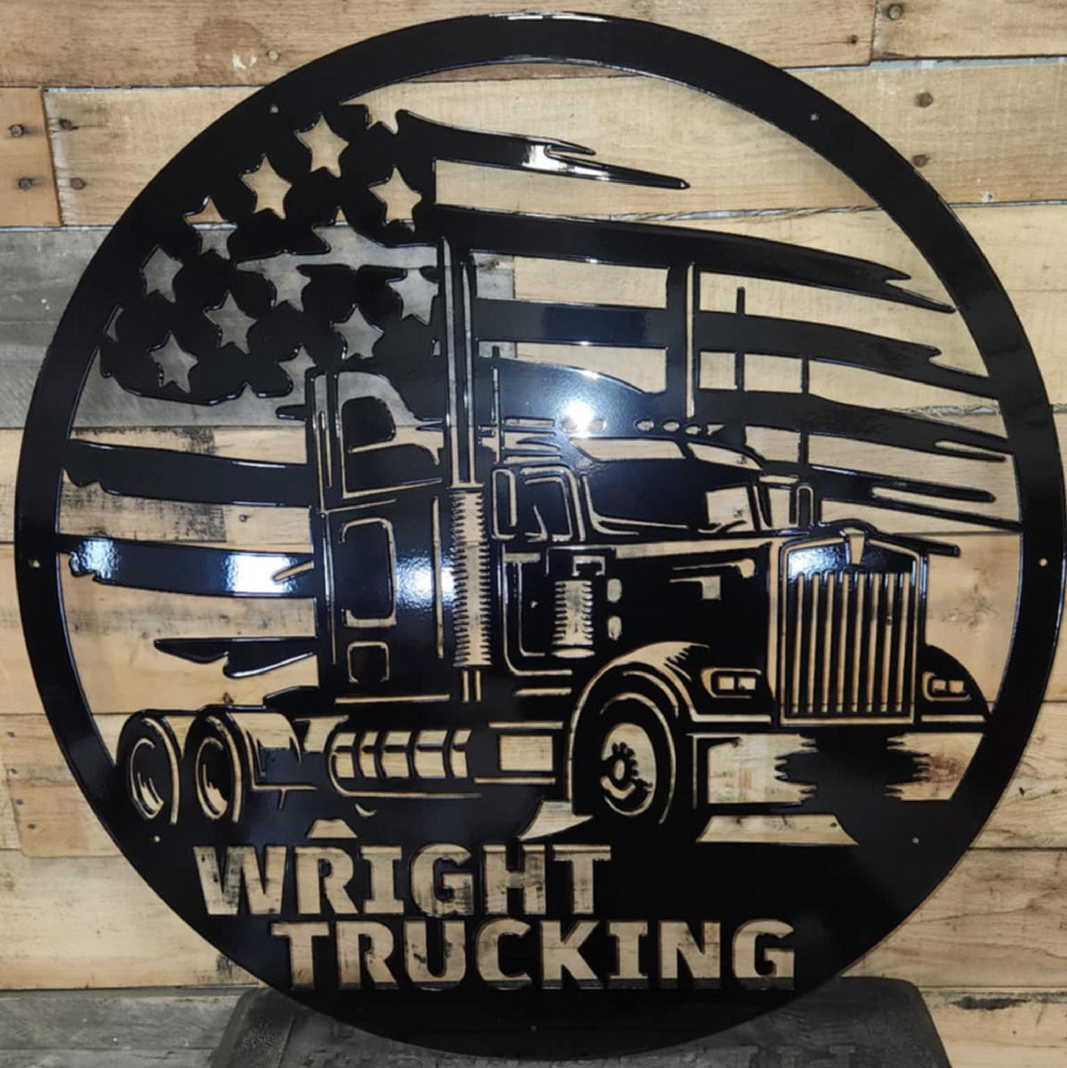 Personalized Semi Truck Flag Circle Sign finished metal example (photo 2)