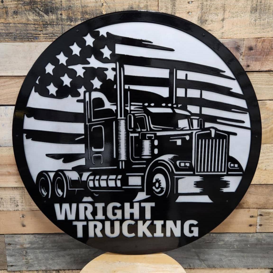 Personalized Semi Truck Flag Circle Sign finished metal example